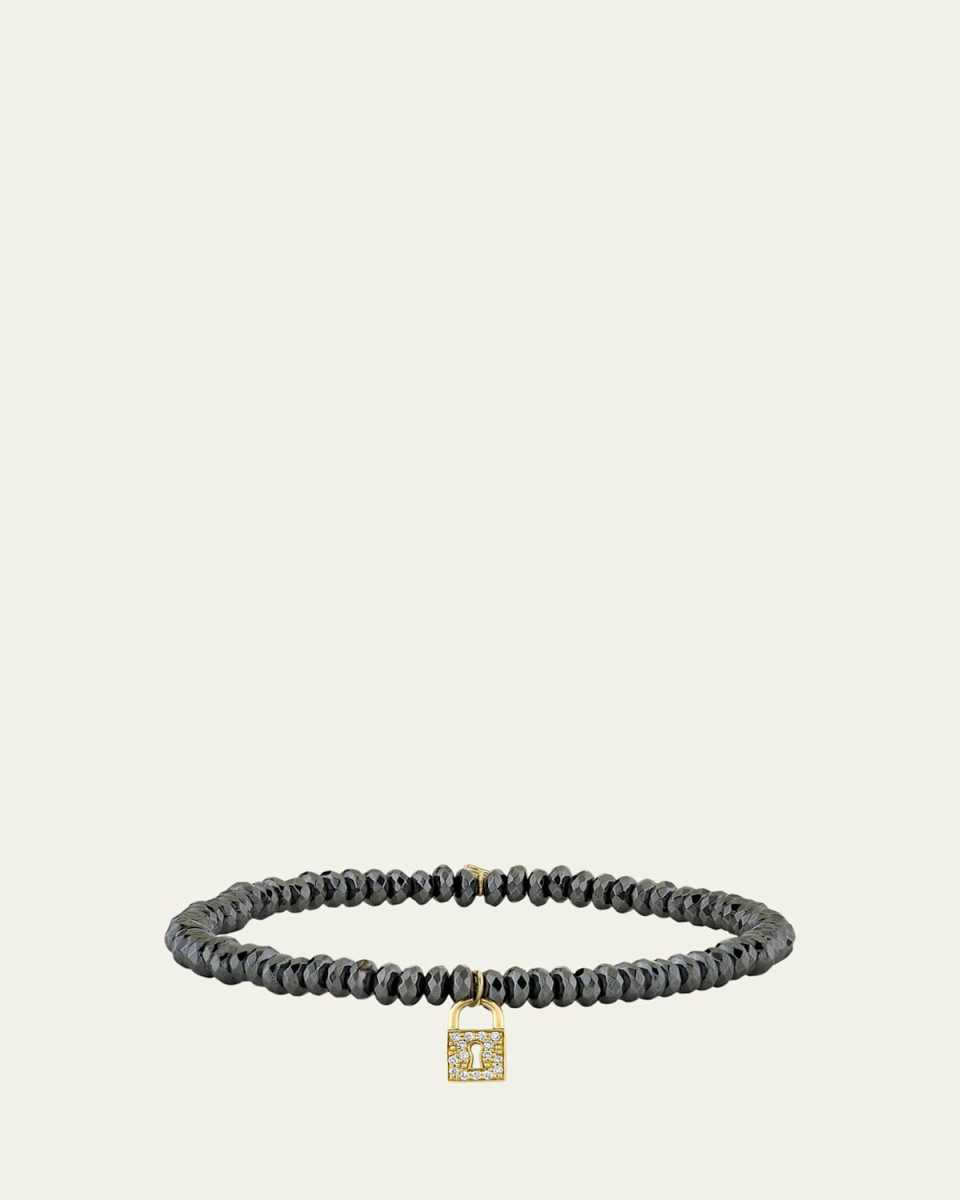 Hematite and 14K Gold Medium Keyhole Lock Diamond Charm Bracelet